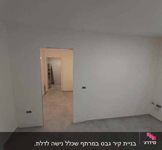 קירות גבס לבנים בחדר ריק עם רצפת אריחים אפורה
